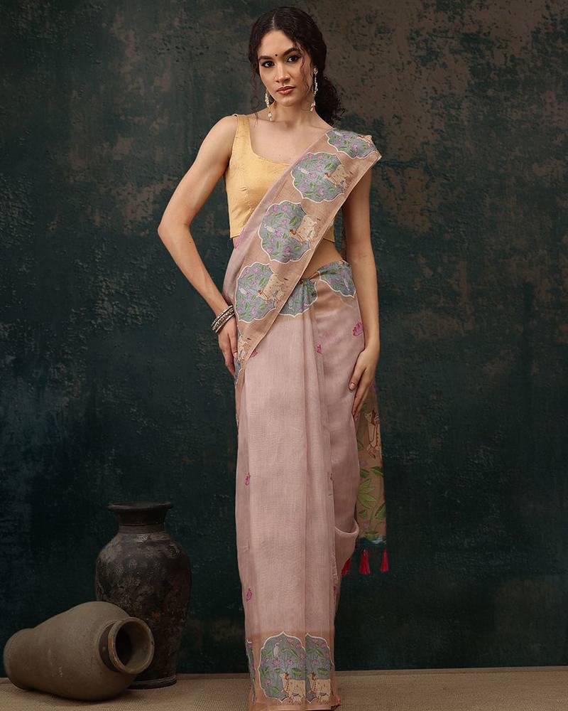 Beige printed cotton blend ethnic saree with blouse piece