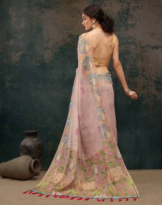 Beige printed cotton blend ethnic saree with blouse piece 2