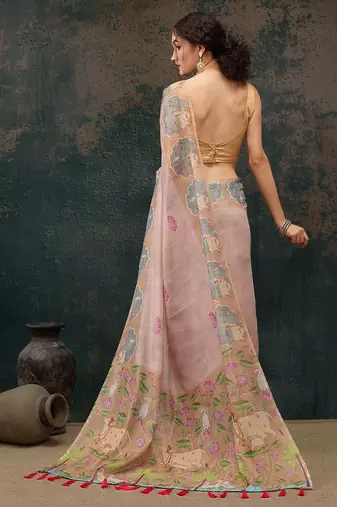 Beige printed cotton blend ethnic saree with blouse piece