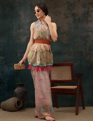 Beige printed cotton blend ethnic saree with blouse piece 3