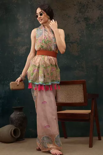 Beige printed cotton blend ethnic saree with blouse piece