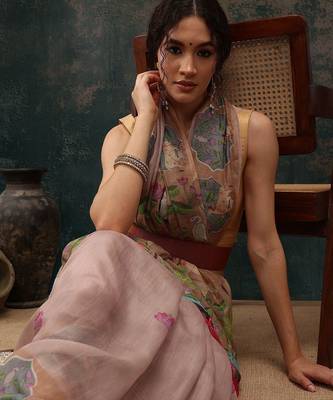 Beige printed cotton blend ethnic saree with blouse piece 4