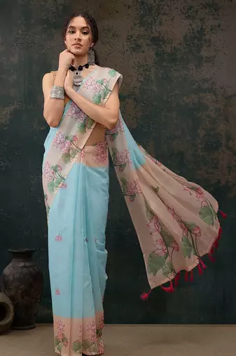 Blue printed cotton blend ethnic saree with blouse piece