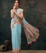 Blue printed cotton blend ethnic saree with blouse piece