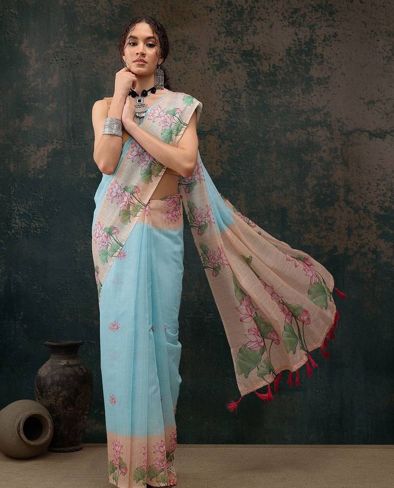 Blue printed cotton blend ethnic saree with blouse piece