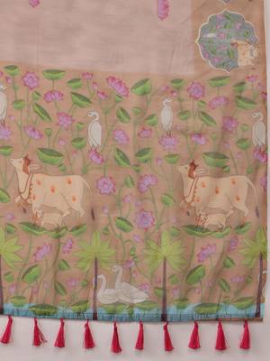 Beige printed cotton blend ethnic saree with blouse piece 5