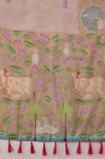 Beige printed cotton blend ethnic saree with blouse piece