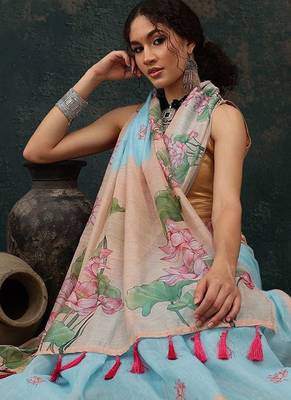 Blue printed cotton blend ethnic saree with blouse piece 3