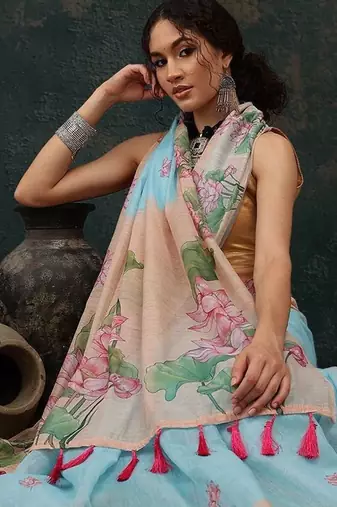 Blue printed cotton blend ethnic saree with blouse piece