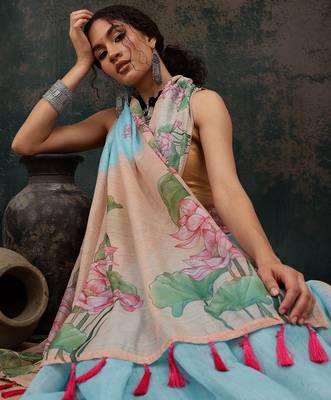 Blue printed cotton blend ethnic saree with blouse piece 4