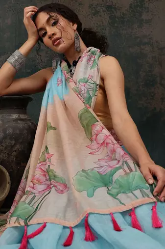 Blue printed cotton blend ethnic saree with blouse piece