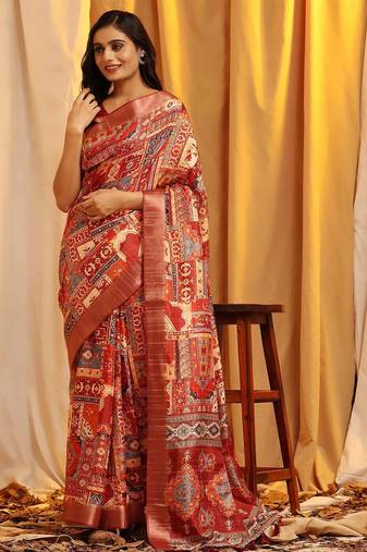 Red printed art silk ethnic saree with blouse piece