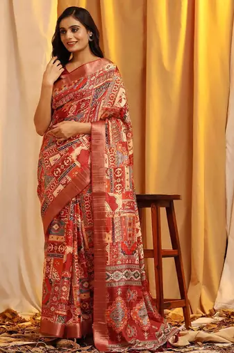 Red printed art silk ethnic saree with blouse piece