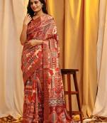 Red printed art silk ethnic saree with blouse piece