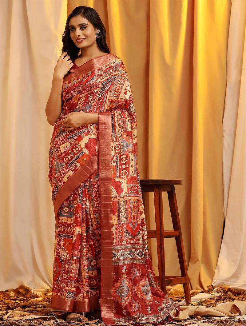 Red printed art silk ethnic saree with blouse piece