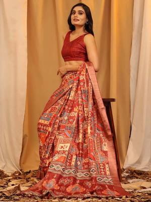 Red printed art silk ethnic saree with blouse piece 2
