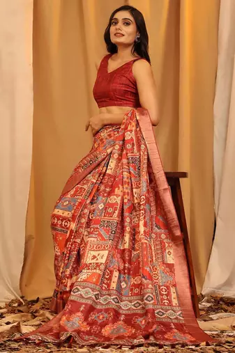 Red printed art silk ethnic saree with blouse piece