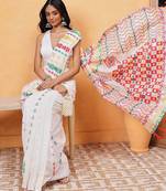 Off white printed pure cotton ethnic saree with blouse piece