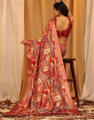 Red printed art silk ethnic saree with blouse piece 3