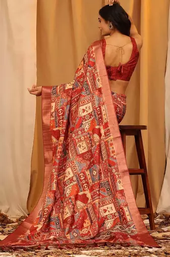 Red printed art silk ethnic saree with blouse piece