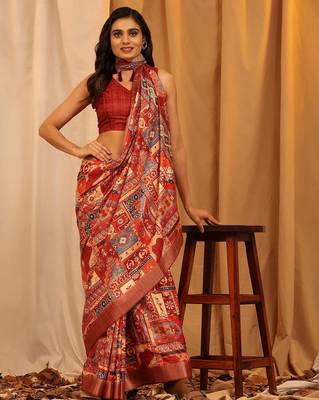 Red printed art silk ethnic saree with blouse piece 4