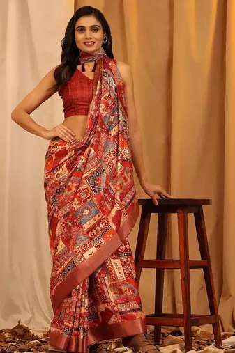 Red printed art silk ethnic saree with blouse piece