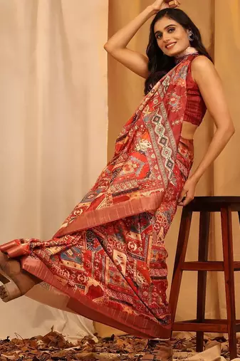 Red printed art silk ethnic saree with blouse piece