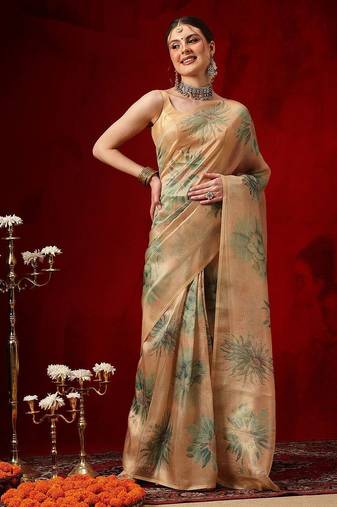 Beige printed silk blend ethnic saree with blouse piece