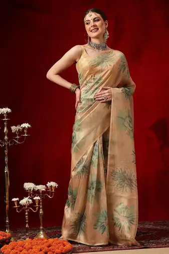 Beige printed silk blend ethnic saree with blouse piece