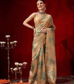 Beige printed silk blend ethnic saree with blouse piece