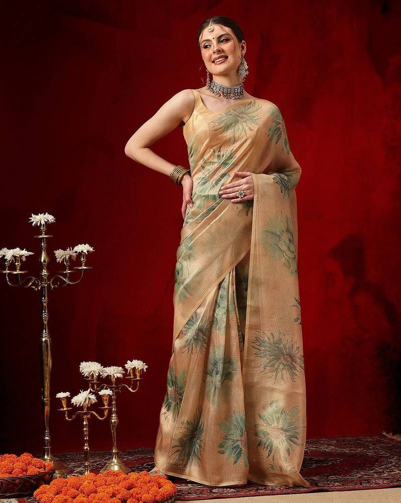 Beige printed silk blend ethnic saree with blouse piece