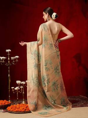 Beige printed silk blend ethnic saree with blouse piece 2