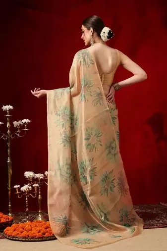 Beige printed silk blend ethnic saree with blouse piece