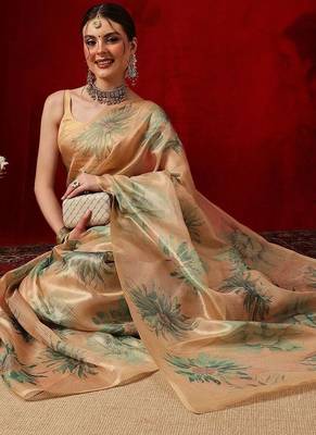Beige printed silk blend ethnic saree with blouse piece 3