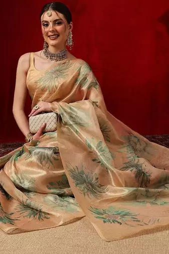 Beige printed silk blend ethnic saree with blouse piece
