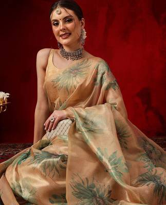 Beige printed silk blend ethnic saree with blouse piece 4