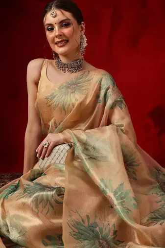 Beige printed silk blend ethnic saree with blouse piece