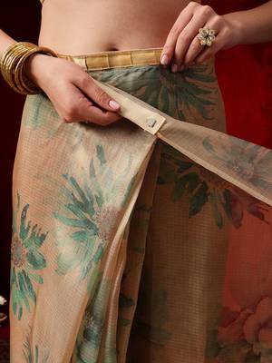 Beige printed silk blend ethnic saree with blouse piece 5