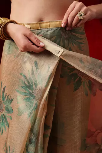 Beige printed silk blend ethnic saree with blouse piece