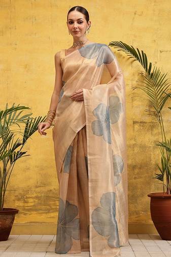 Beige printed tissue traditional saree with blouse piece