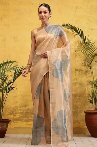 Beige printed tissue traditional saree with blouse piece