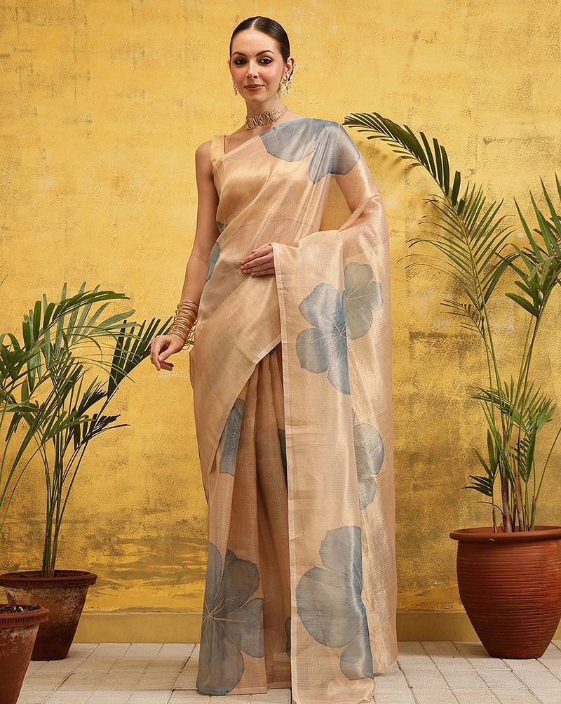 Beige printed tissue traditional saree with blouse piece
