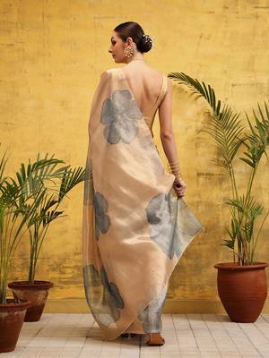 Beige printed tissue traditional saree with blouse piece 2