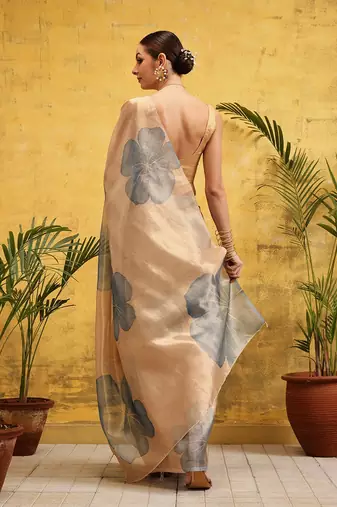 Beige printed tissue traditional saree with blouse piece