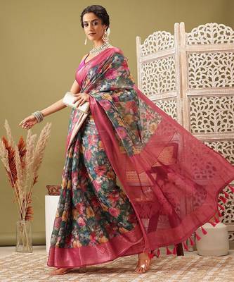 Teal printed cotton blend ethnic saree with blouse piece 1