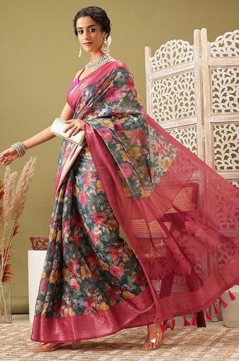 Teal printed cotton blend ethnic saree with blouse piece