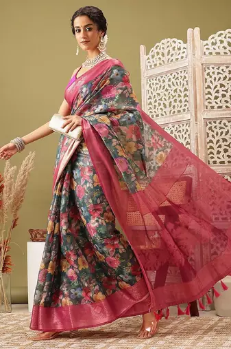 Teal printed cotton blend ethnic saree with blouse piece