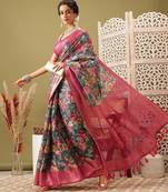 Teal printed cotton blend ethnic saree with blouse piece