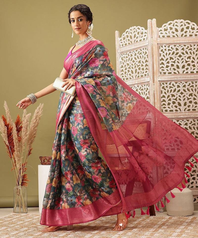 Teal printed cotton blend ethnic saree with blouse piece
