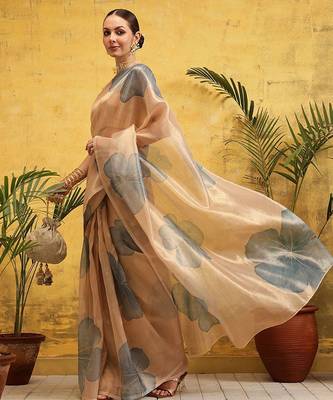 Beige printed tissue traditional saree with blouse piece 3